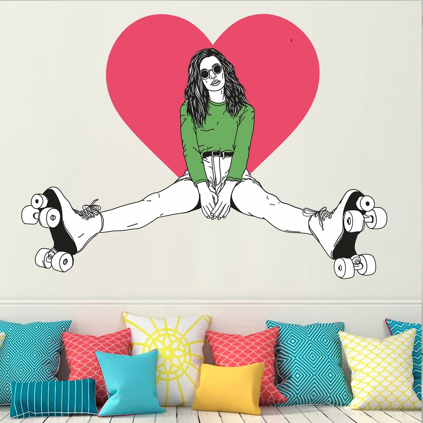 Girl with Rollers Wall Decal, Street Art Wall Sticker, Heart, Wall Tattoo, Wall Art, Decor
