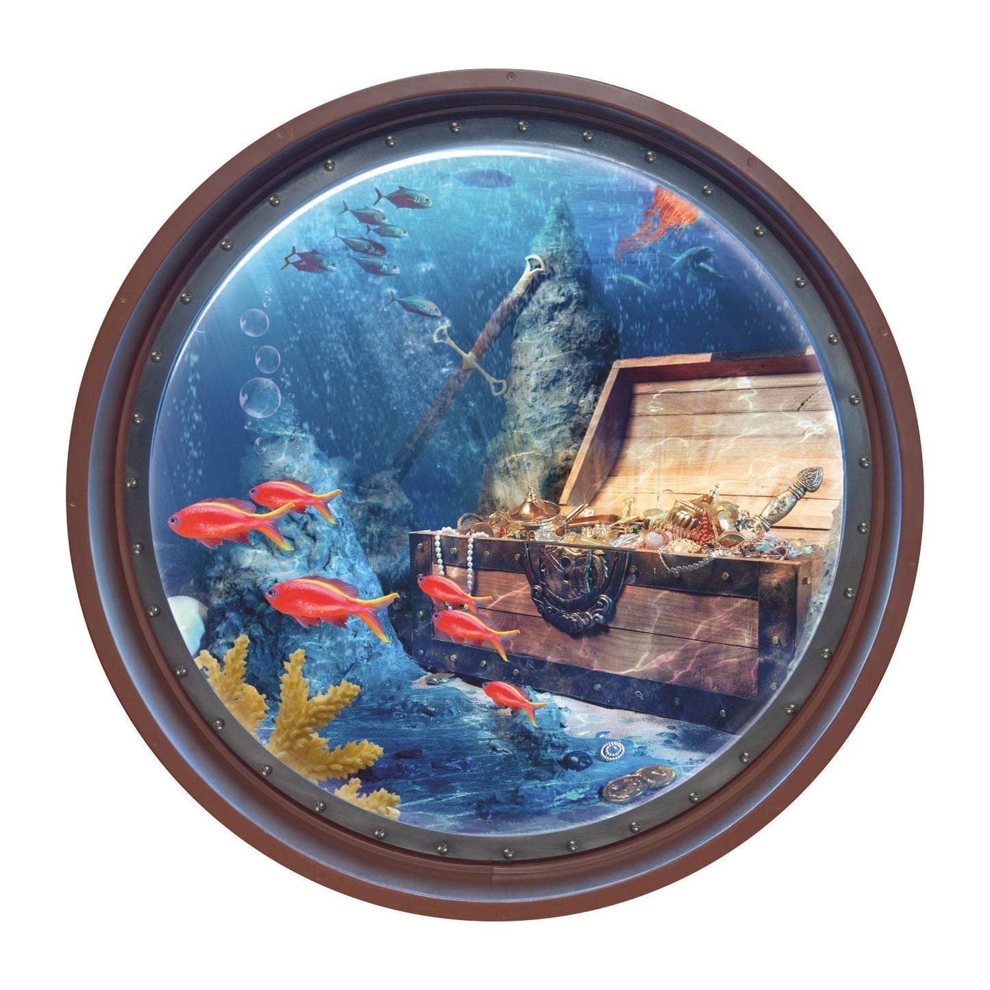 Treasure Chest Wall Decal, Fishes Wall Sticker, Ocean, Porthole, Wall Tattoo, Wall Art, Decor