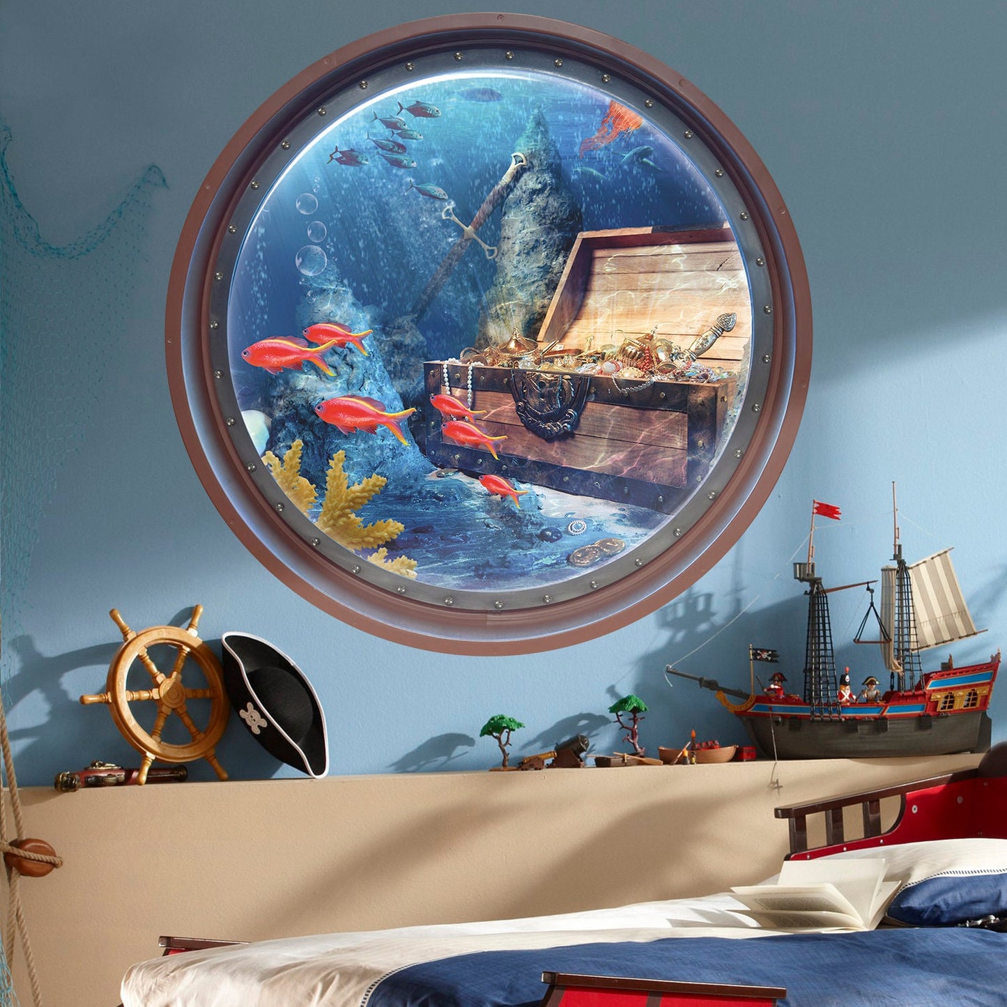 Treasure Chest Wall Decal, Fishes Wall Sticker, Ocean, Porthole, Wall Tattoo, Wall Art, Decor