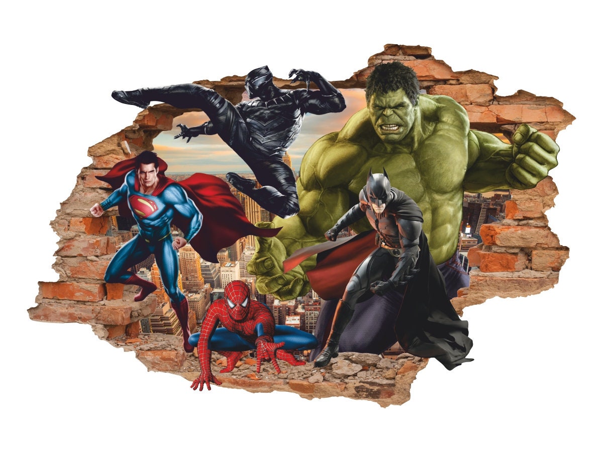 Superheroes 3D Wall Decal, Superhero Wall Sticker, Wall Tattoo, Wall Art, Decor 001