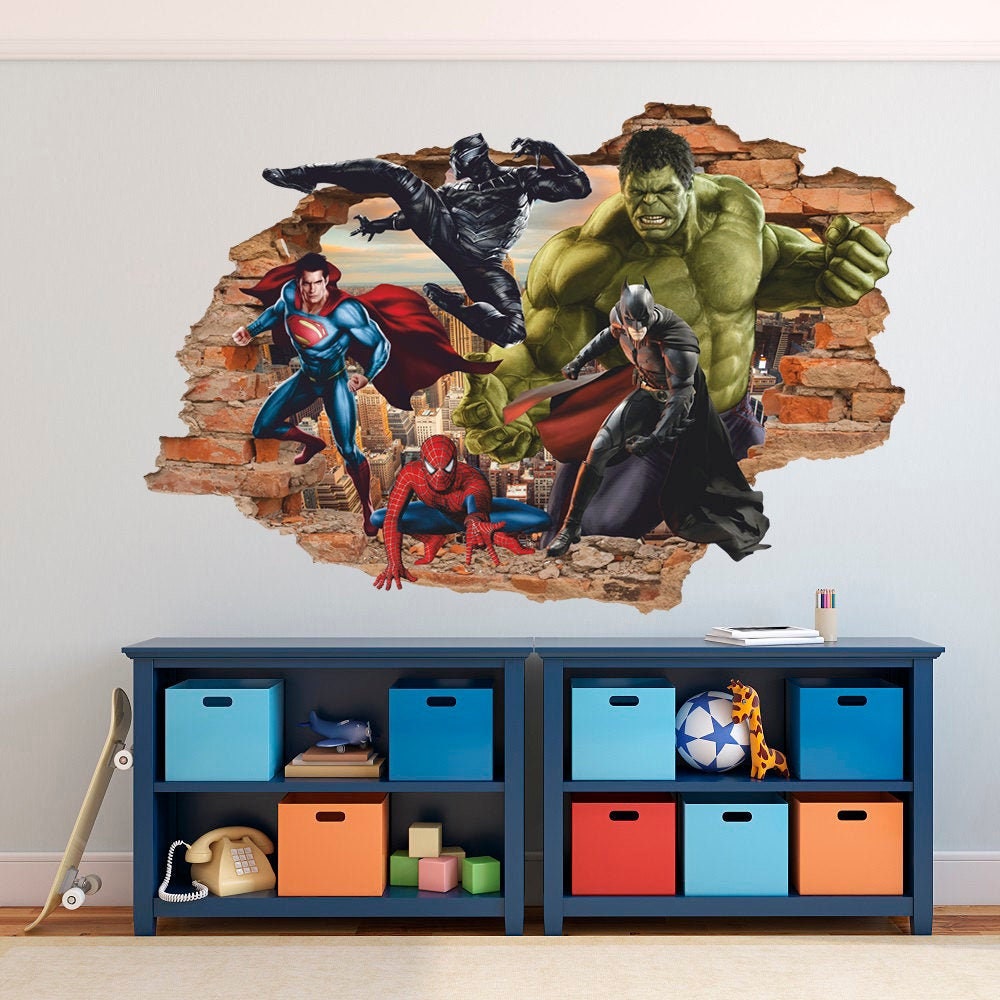 Superheroes 3D Wall Decal, Superhero Wall Sticker, Wall Tattoo, Wall Art, Decor 001