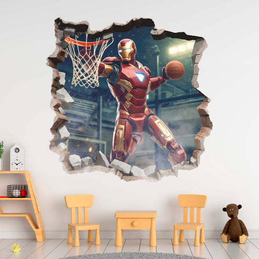 Superhero 3D Wall Decal, Superhero Playing Basketball Wall Sticker, Wall Tattoo, Wall Art, Decor 002