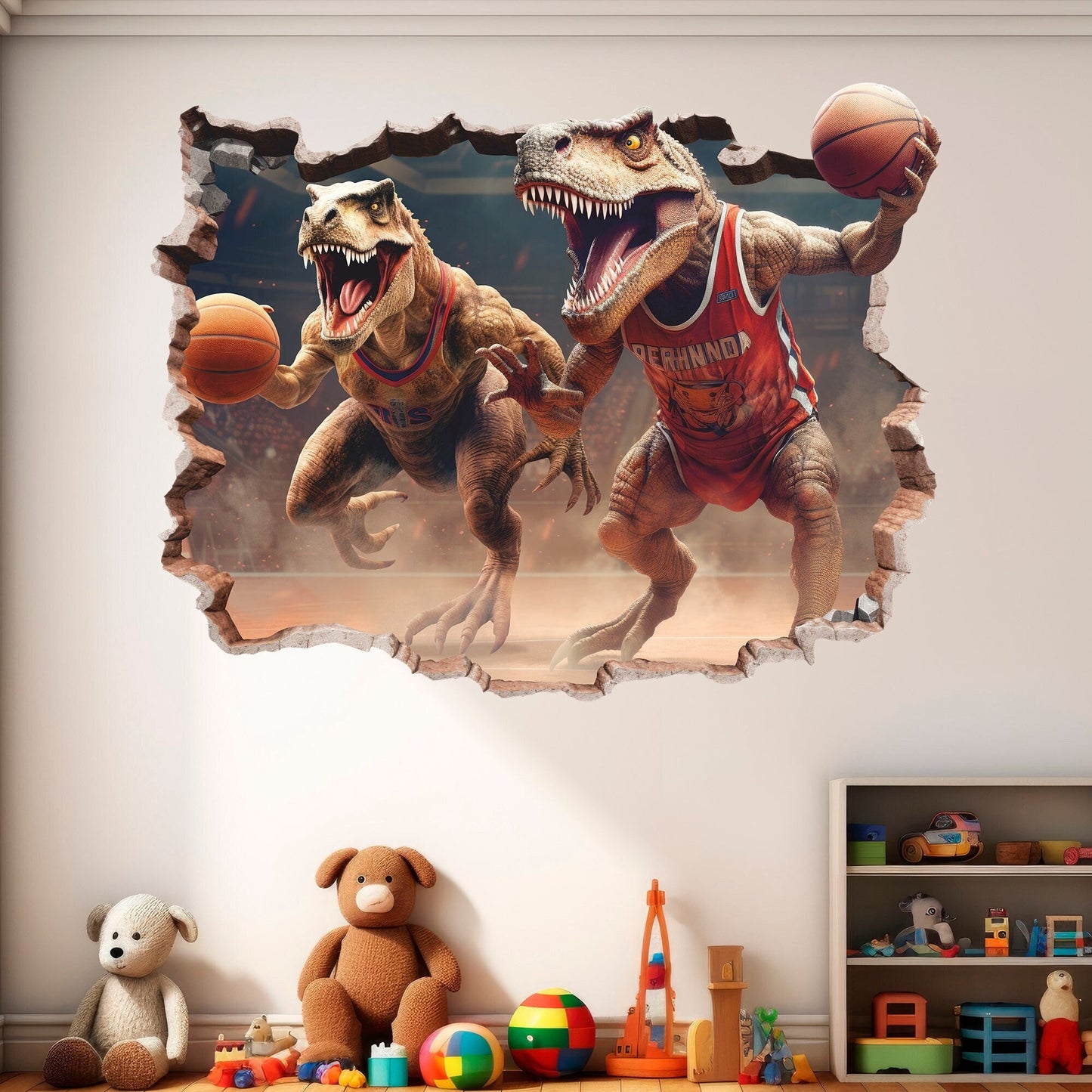 Basketball Players Dinosaurs 3D Wall Decal, Tyrannosaurus Wall Sticker, Dinosaur World, Wall Tattoo, Wall Art, Decor